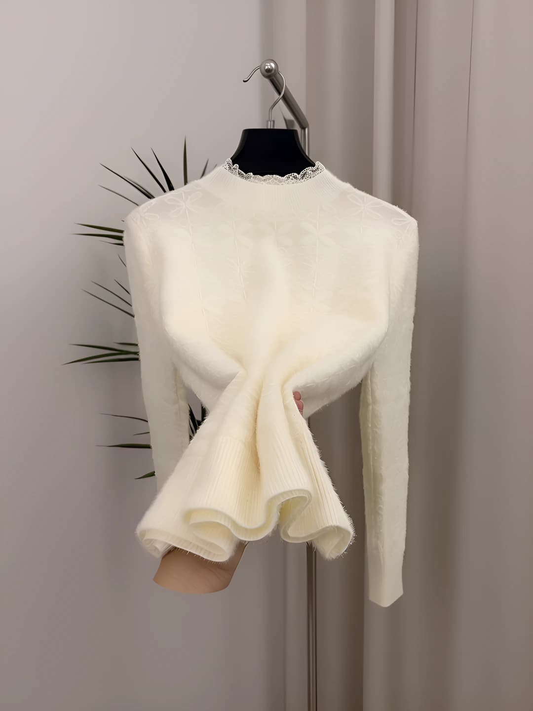 Women's autumn-winter lace collar slim fit thickened knit sweater