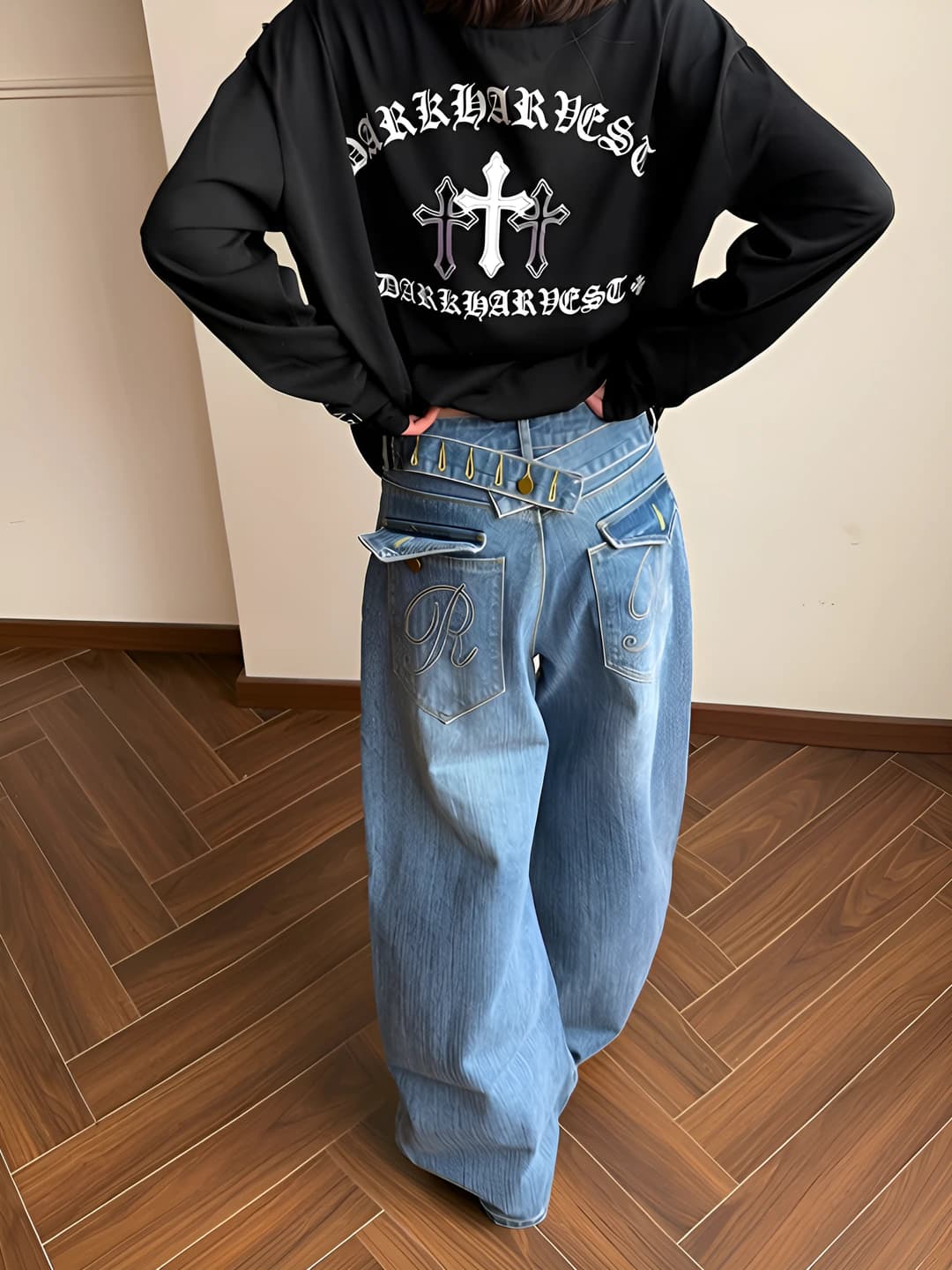 Women's wide and flared jeans, high waist, straight cut, loose fit, slimming, spring-autumn, denim fabric, zip, street style