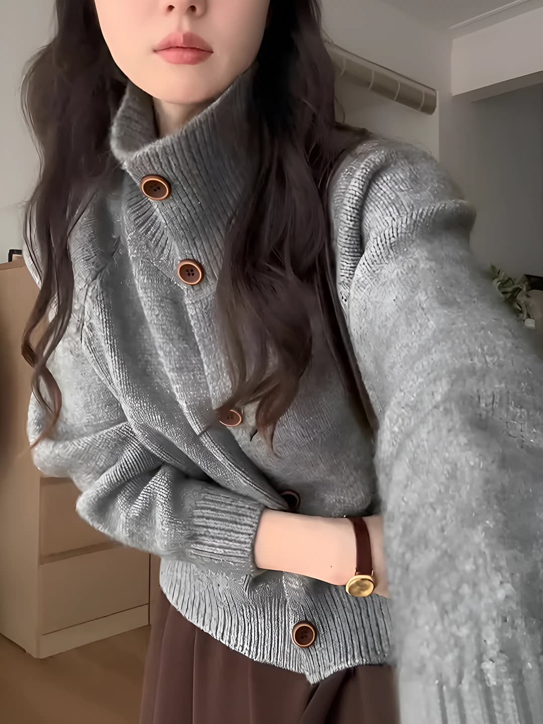 Women's autumn-winter retro high neck solid colour long sleeve cropped knit cardigan