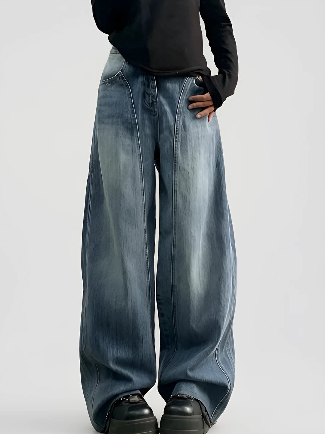 Ayollar uchun keng va klesh jinsi shimlar, baland bel, uzun shim, bahor-kuz, nozik ko'rsatadigan, bo'sh (oversize), jinsi mato