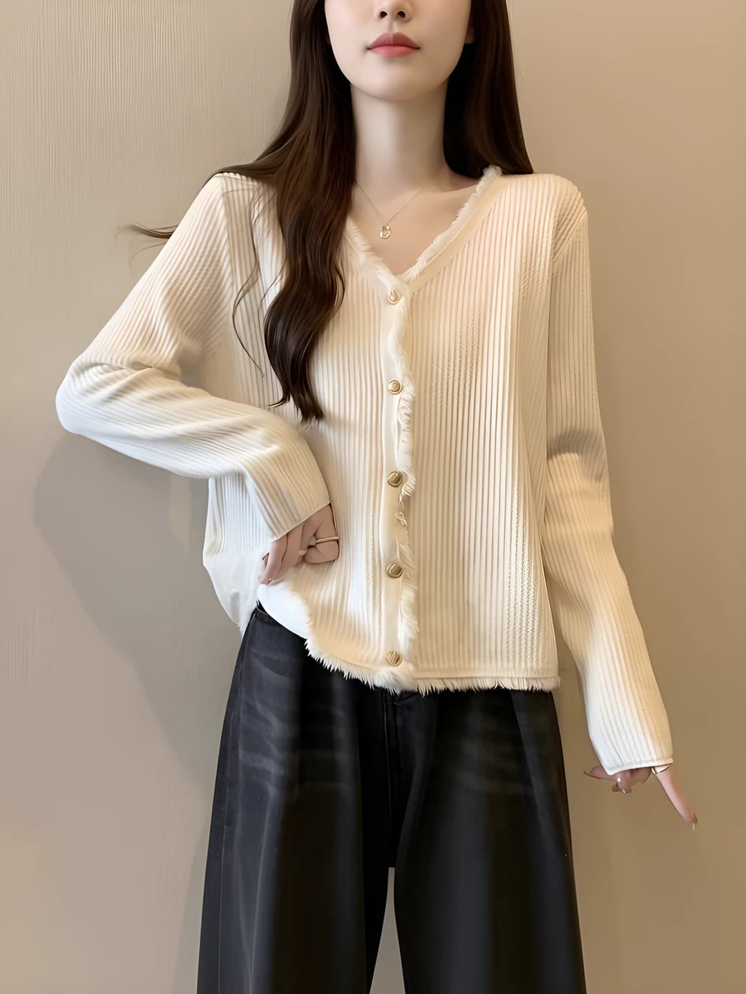 Women's French style V-neck cardigan, spring-autumn, plus size, slim fit, slimming, cashmere, long sleeve