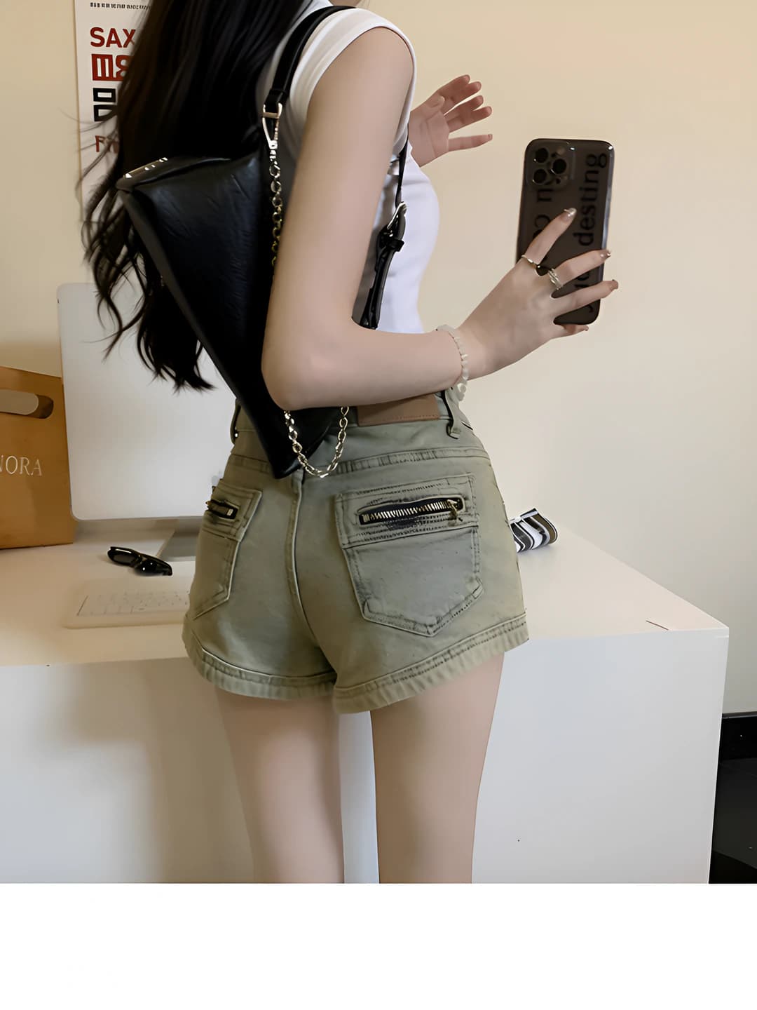 Women's stretch denim shorts with zip pockets, high waist, slim fit, straight cut, short shorts, summer