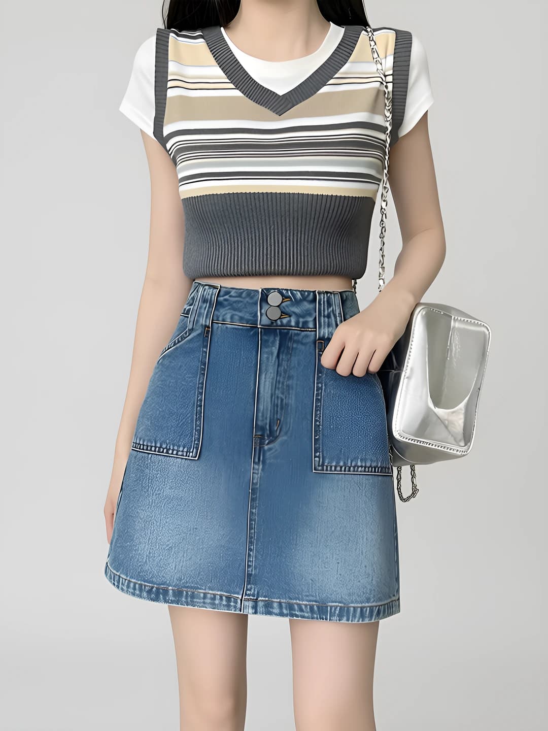 Women's retro high waist mini denim skirt, A-line, summer casual style, slimming