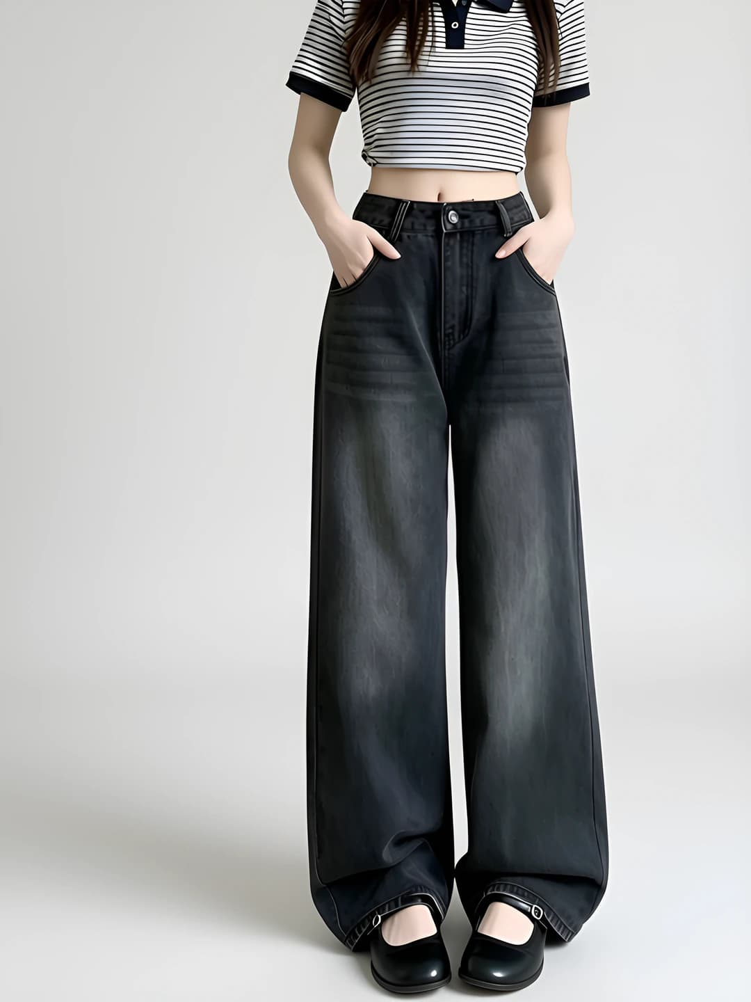 Ayollar uchun keng va klesh jinsi shimlar, bo'sh (oversize) fit, baland bel, uzun shim, bahor-kuz, koreys uslubida, kundalik
