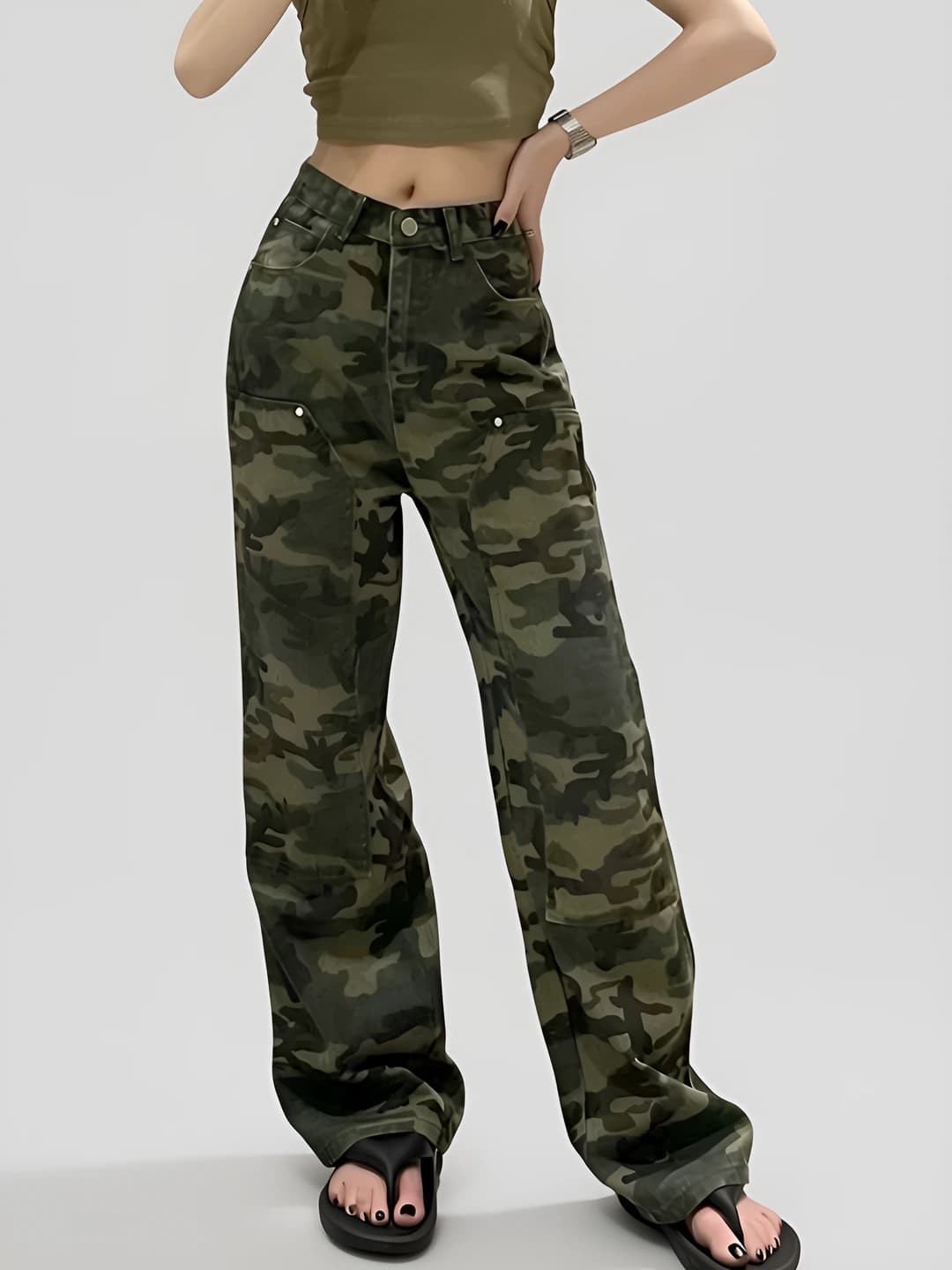 Women's wide and flared jeans: camouflage, high waist, straight cut, trousers, casual