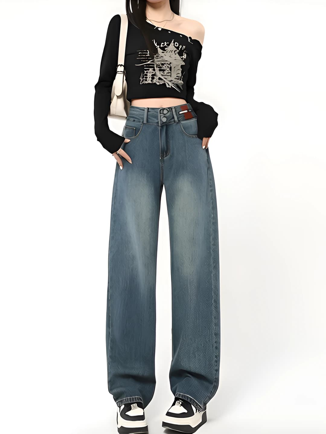 Ayollar uchun keng va klesh jinsi shimlar, baland bel, bo'sh (oversize) to'g'ri kesim, uzun shim, bahor-kuz