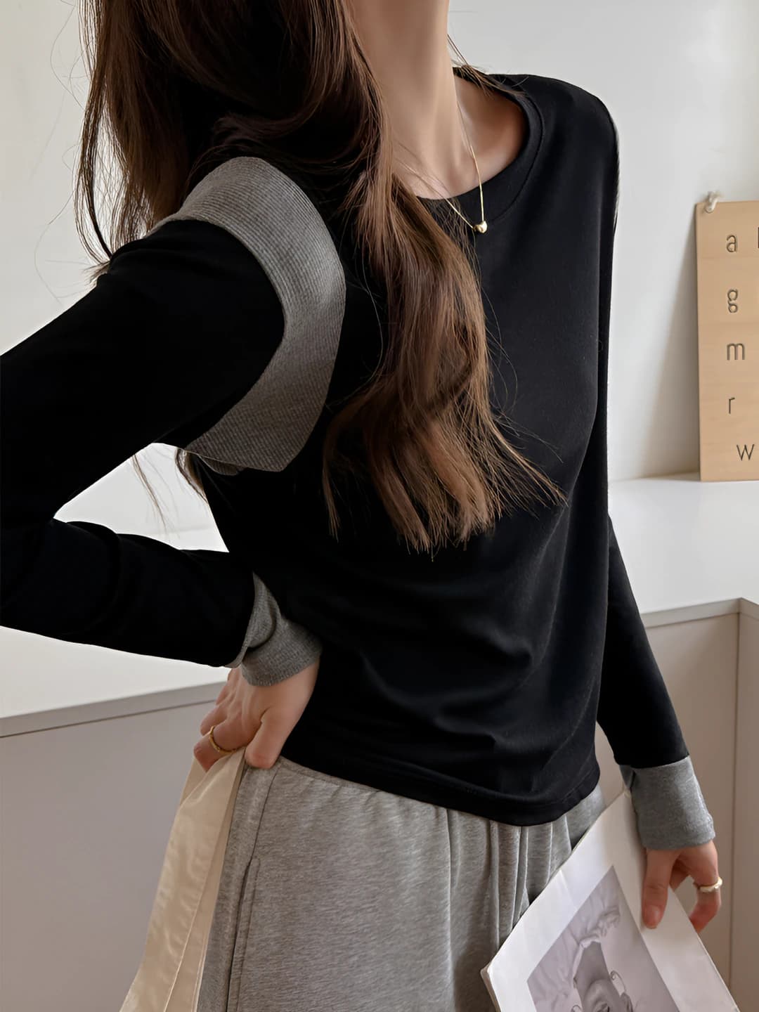 Women's crew neck long sleeve A-line solid colour autumn-winter long-sleeve base top t-shirt