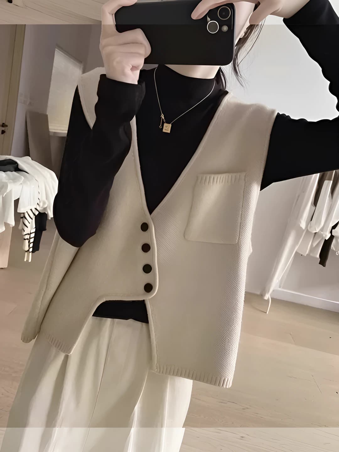 Ayollar uchun kashemir jilet, yengsiz, V-yoqali, bir rangli, bo'sh (oversize) kesim, nozik ko'rsatadigan, bahorgi