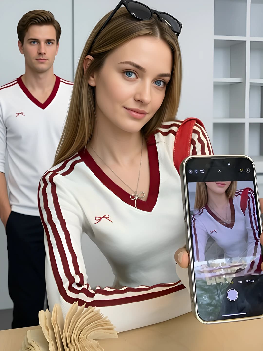 Women's autumn preppy style embroidered striped V-neck slim fit long sleeve longsleeve