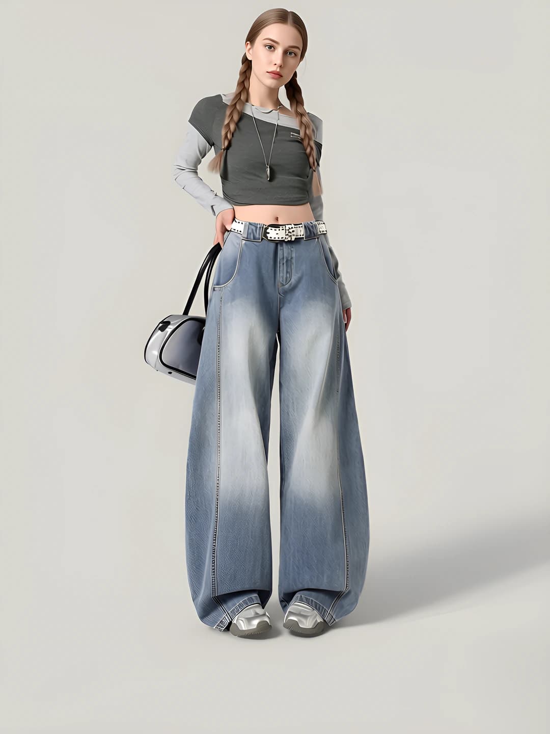 Ayollar uchun keng va klesh jinsi shimlar, baland bel, uzun shim, bo'sh (oversize) fit, nozik ko'rsatadigan, fermuar, kundalik uslub