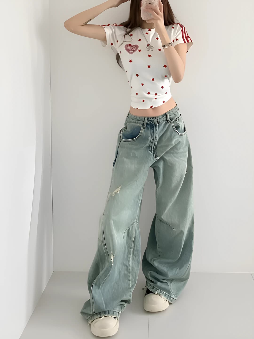 Women's wide and flared jeans, high waist, straight cut, trousers, spring-autumn, casual, loose fit, slimming, denim fabric, 50% inclusive-70% exclusive cotton