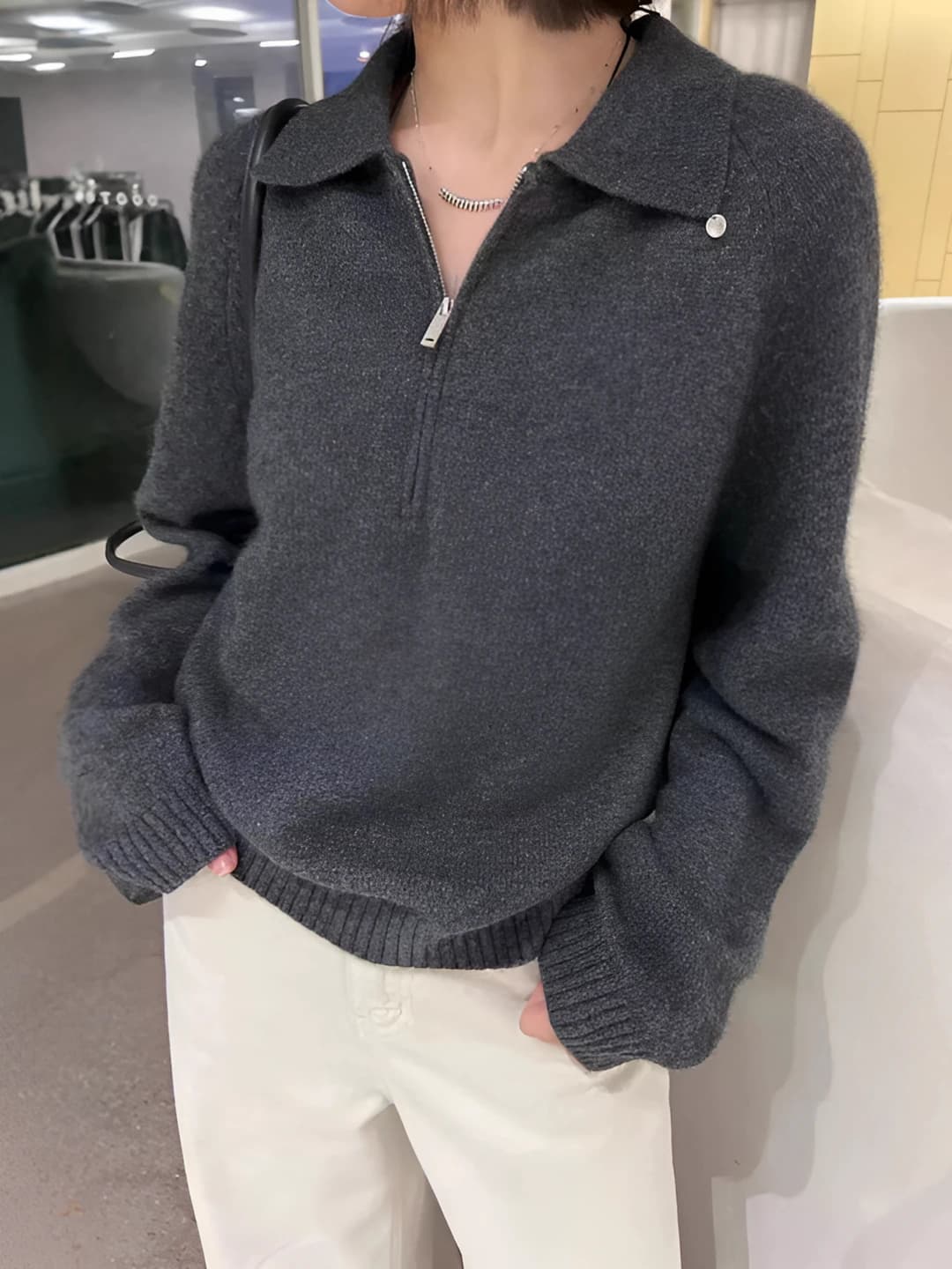 Women's knit top, polo and lapel collar, half-zip, long sleeve, autumn-winter