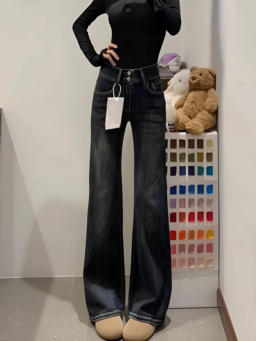 Women's wide and flared jeans, high waist, trousers, slimming, spring-autumn