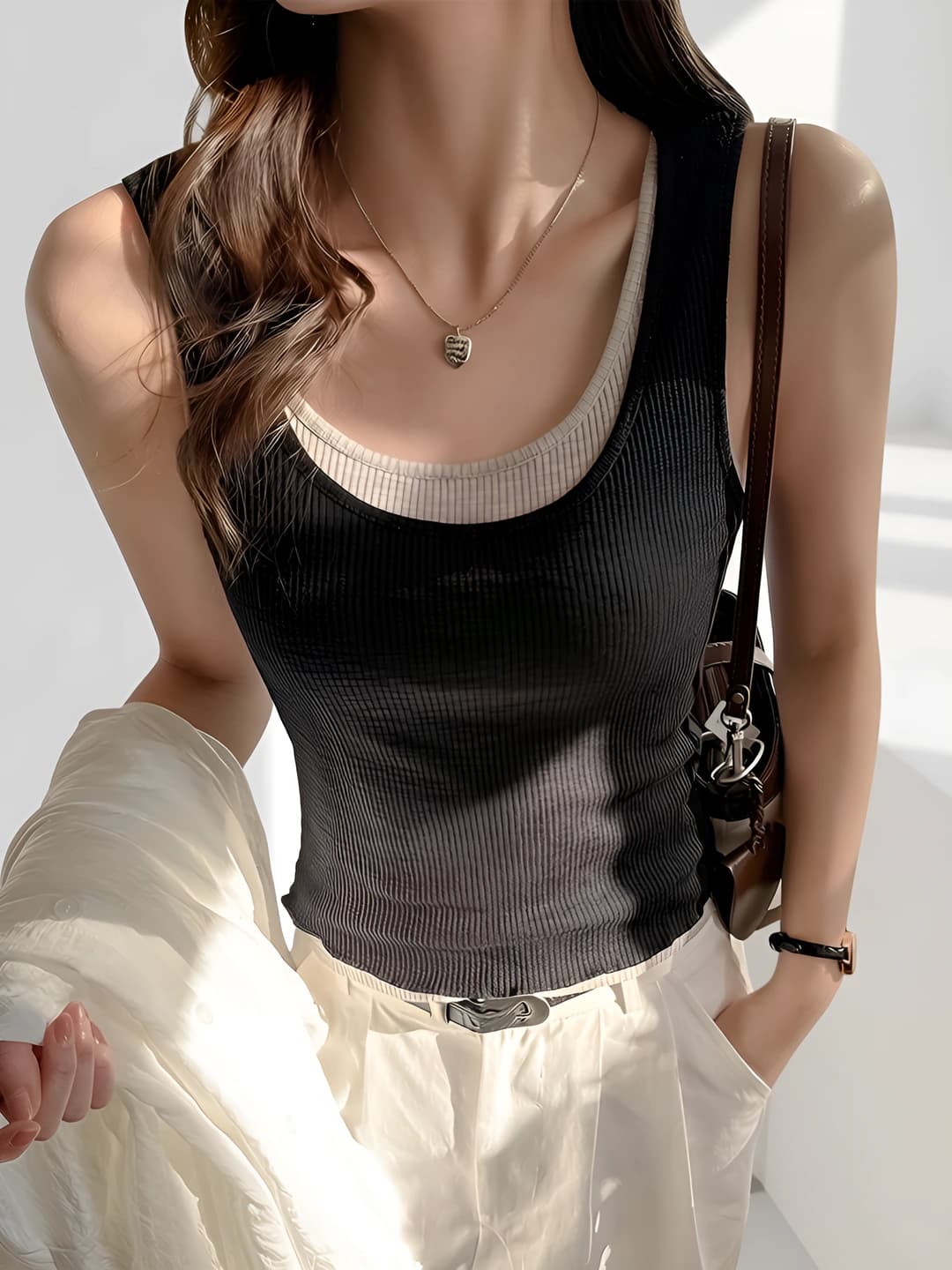 Women's spring-summer retro tank top, slim fit, solid colour, stretch fabric
