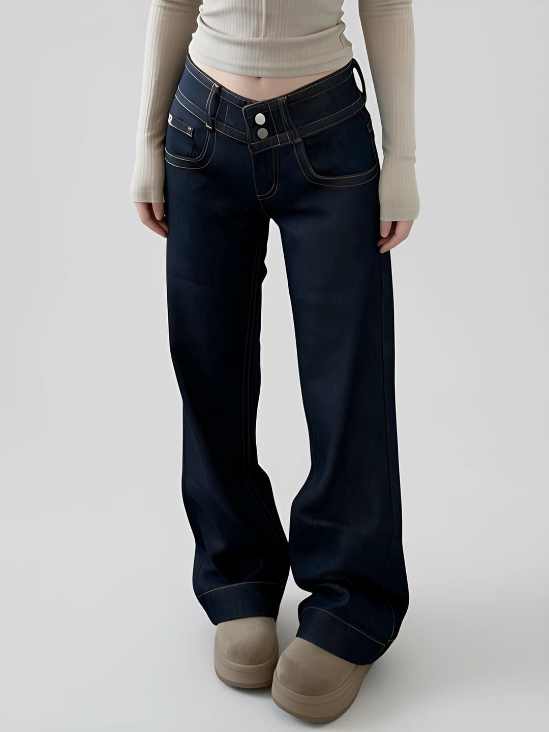 Ayollar uchun baland belli, to'g'ri kesim, bo'sh (oversize) jinsi shim, bahor-kuz uchun, nozik ko'rsatadigan, kundalik uslub