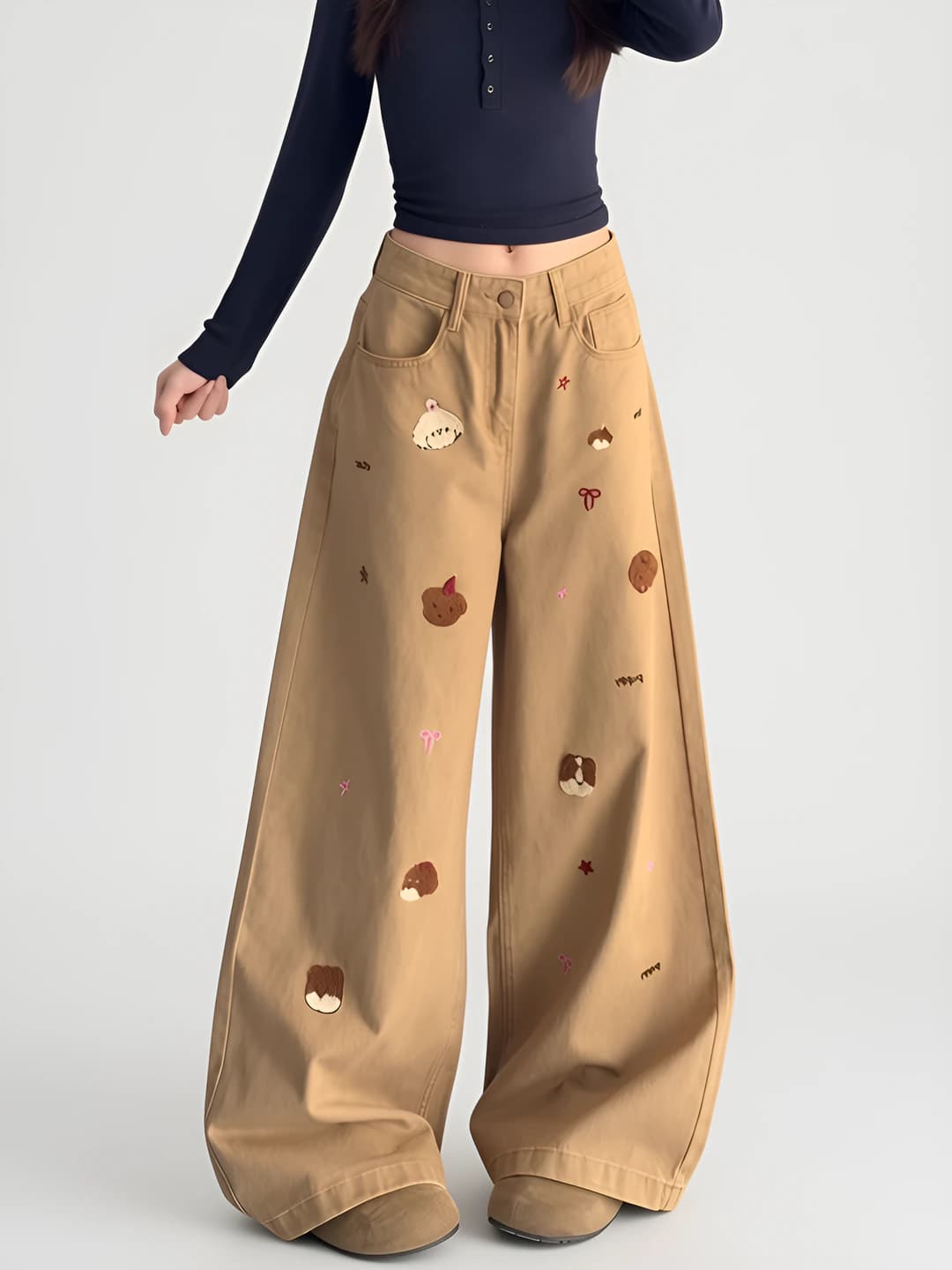 Women's wide and flared jeans, high waist, slimming straight cut, embroidered, spring-autumn