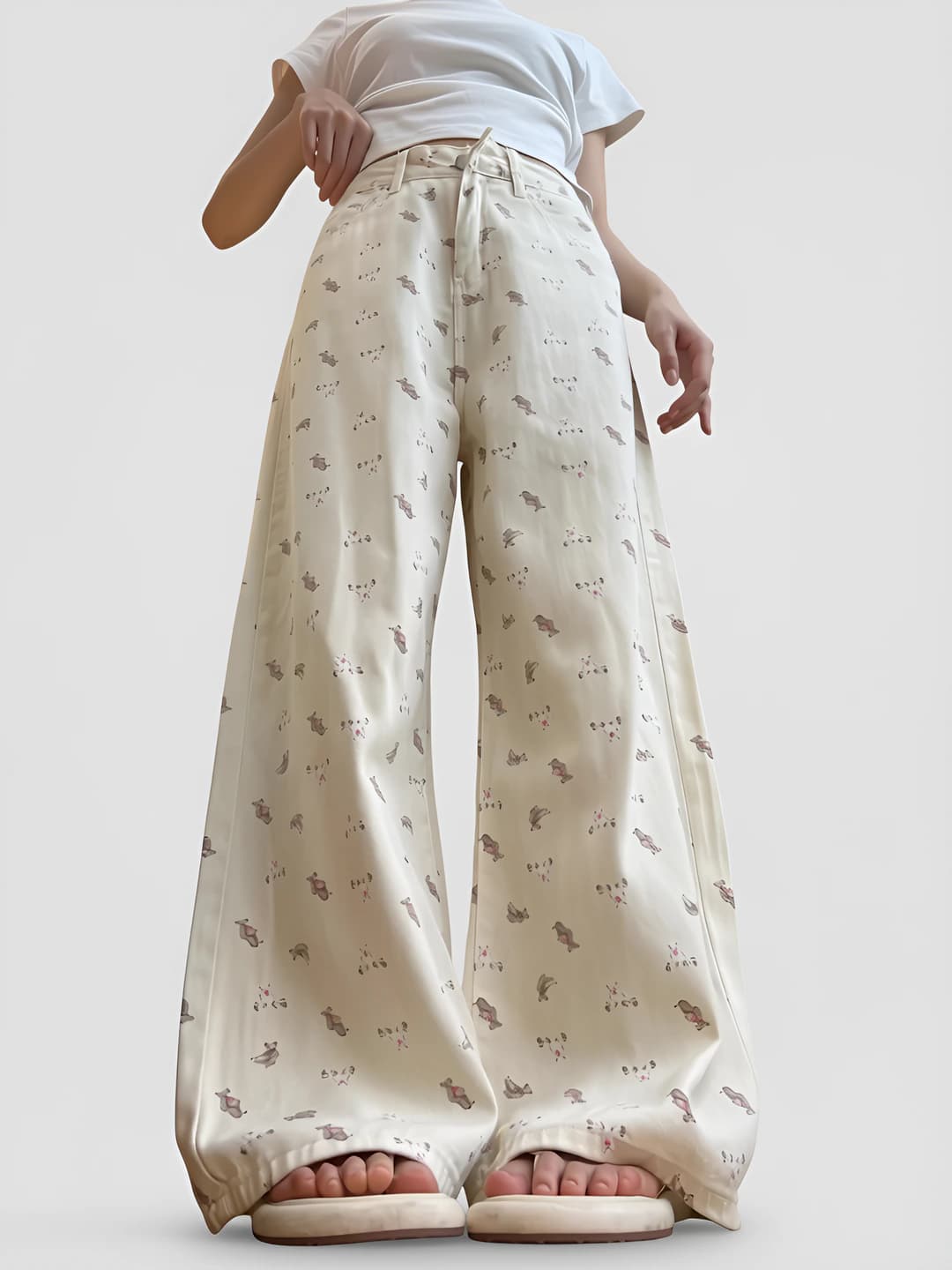 Women's wide and flared jeans 2026 spring-autumn printed retro high waist loose fit slimming straight cut