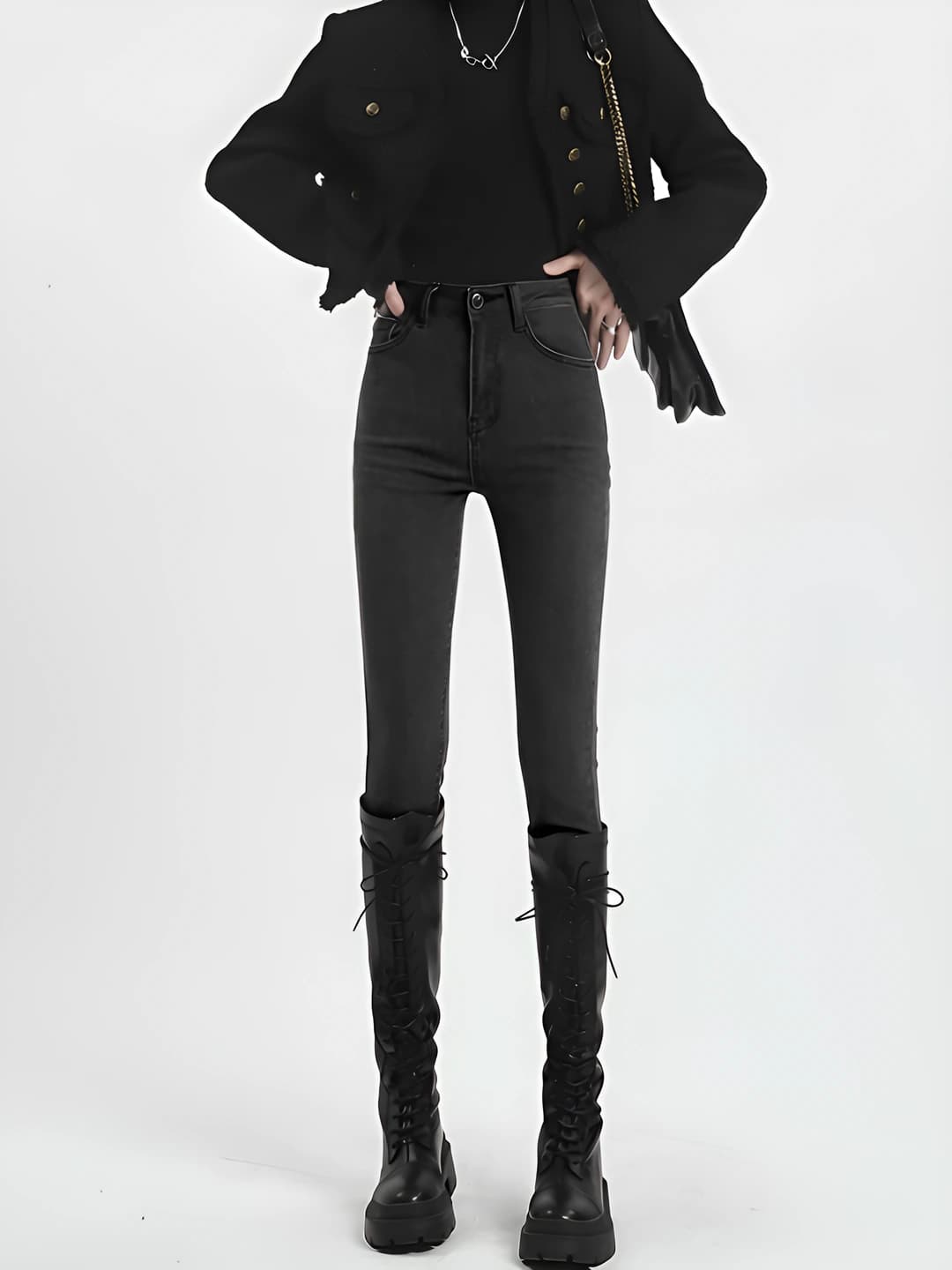Women's high waist slim-fit jeans, thickened, fleece-lined, slimming, spring-autumn
