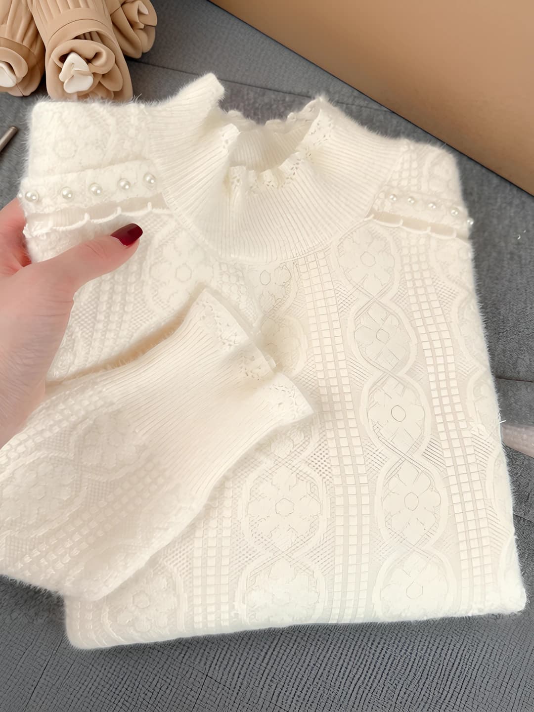 Women's knit pullover sweater with mock neck, lace, thickened, loose fit, long sleeve, autumn-winter