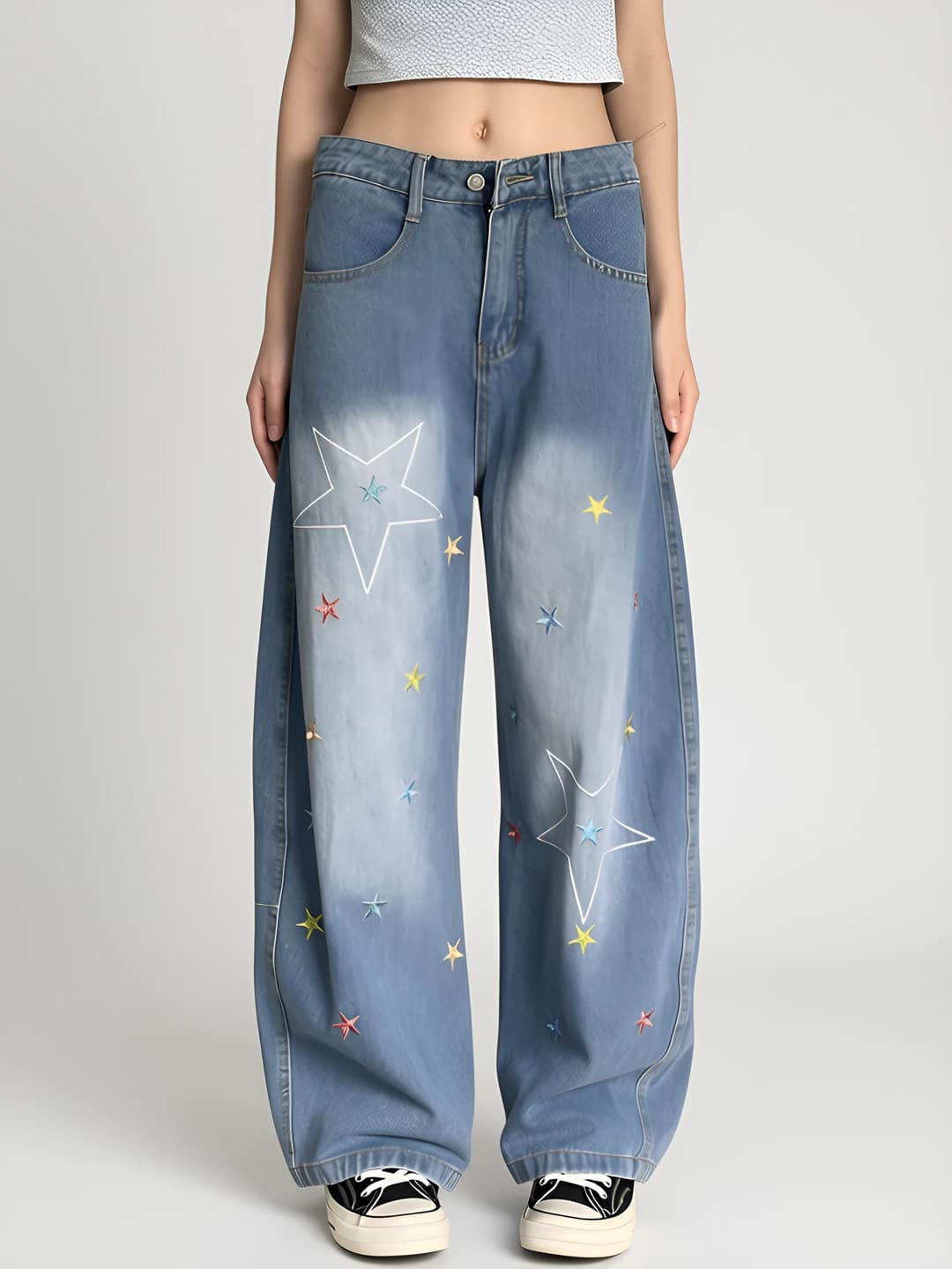 Ayollar uchun keng va klesh jinsi shimlar, bahor-kuz, baland bel, bo'sh (oversize), koreys uslubida, preppi uslub, kashtali