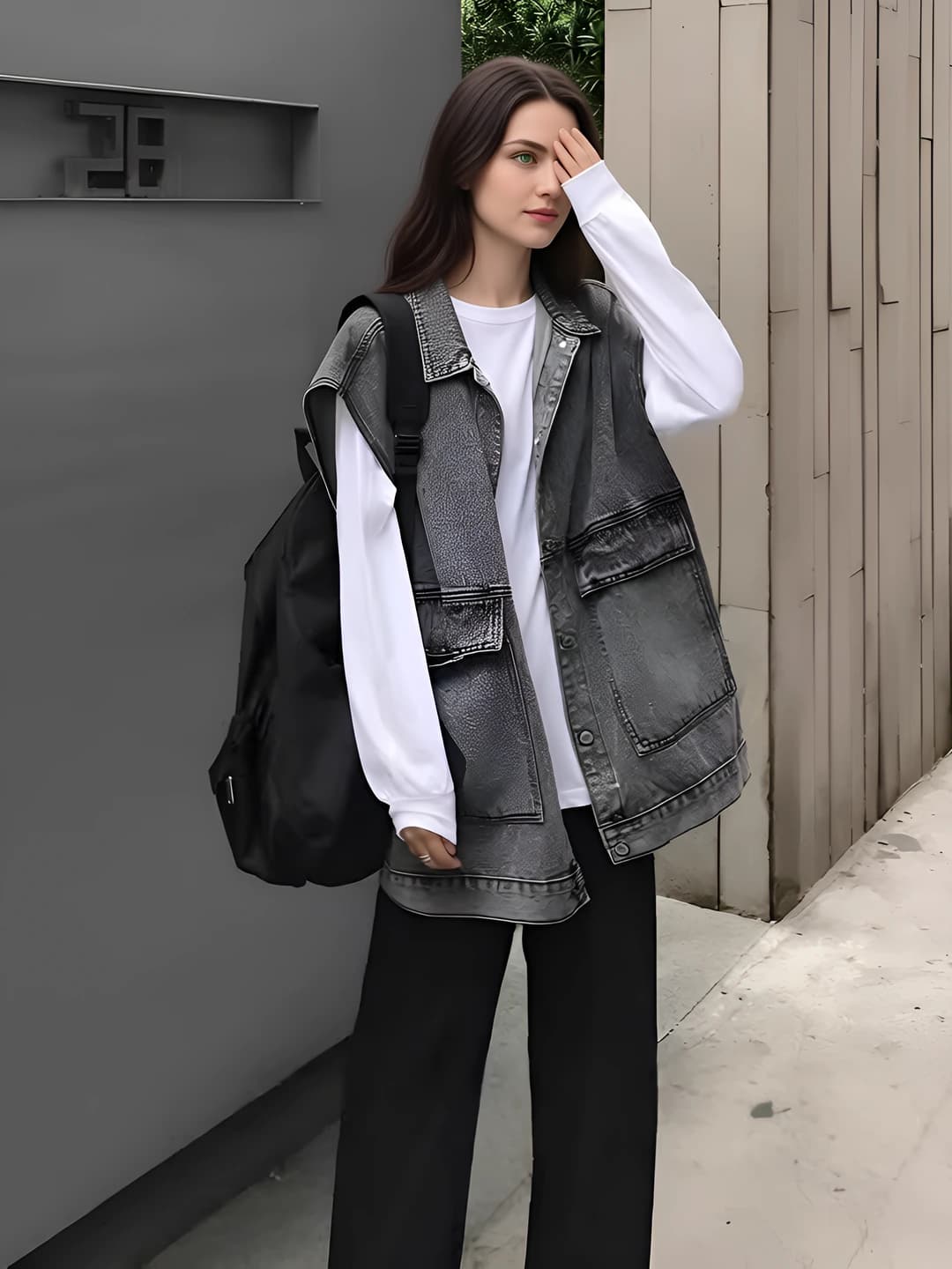 Ayollar uchun 2026 bahor-kuz yengsiz denim jilet, koreys uslubida, bo'sh (oversize), POLO yoqa, bir rangli, kundalik