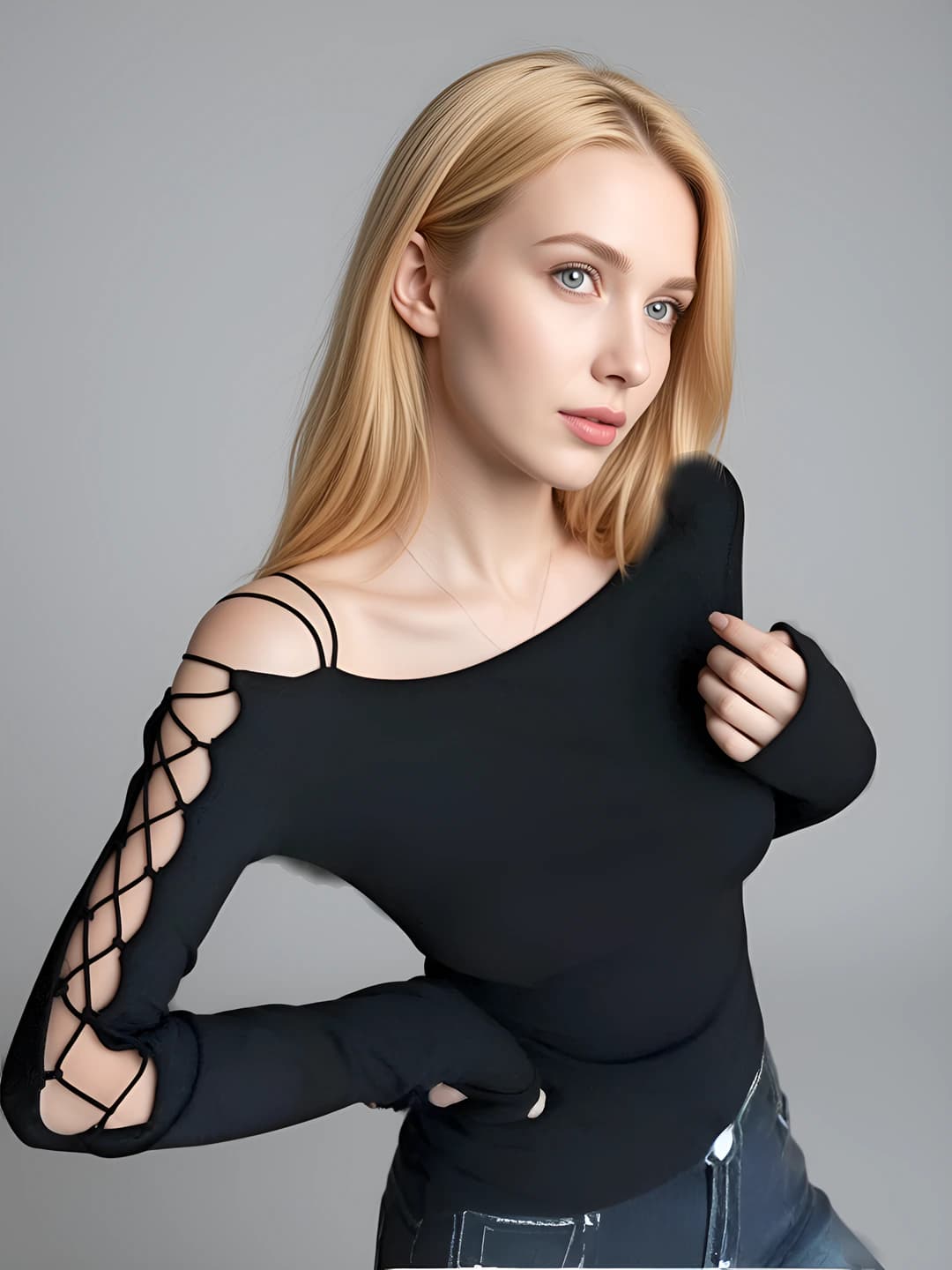Women's long sleeve top, slim fit, slimming, solid colour, cropped, off-shoulder, tie detail