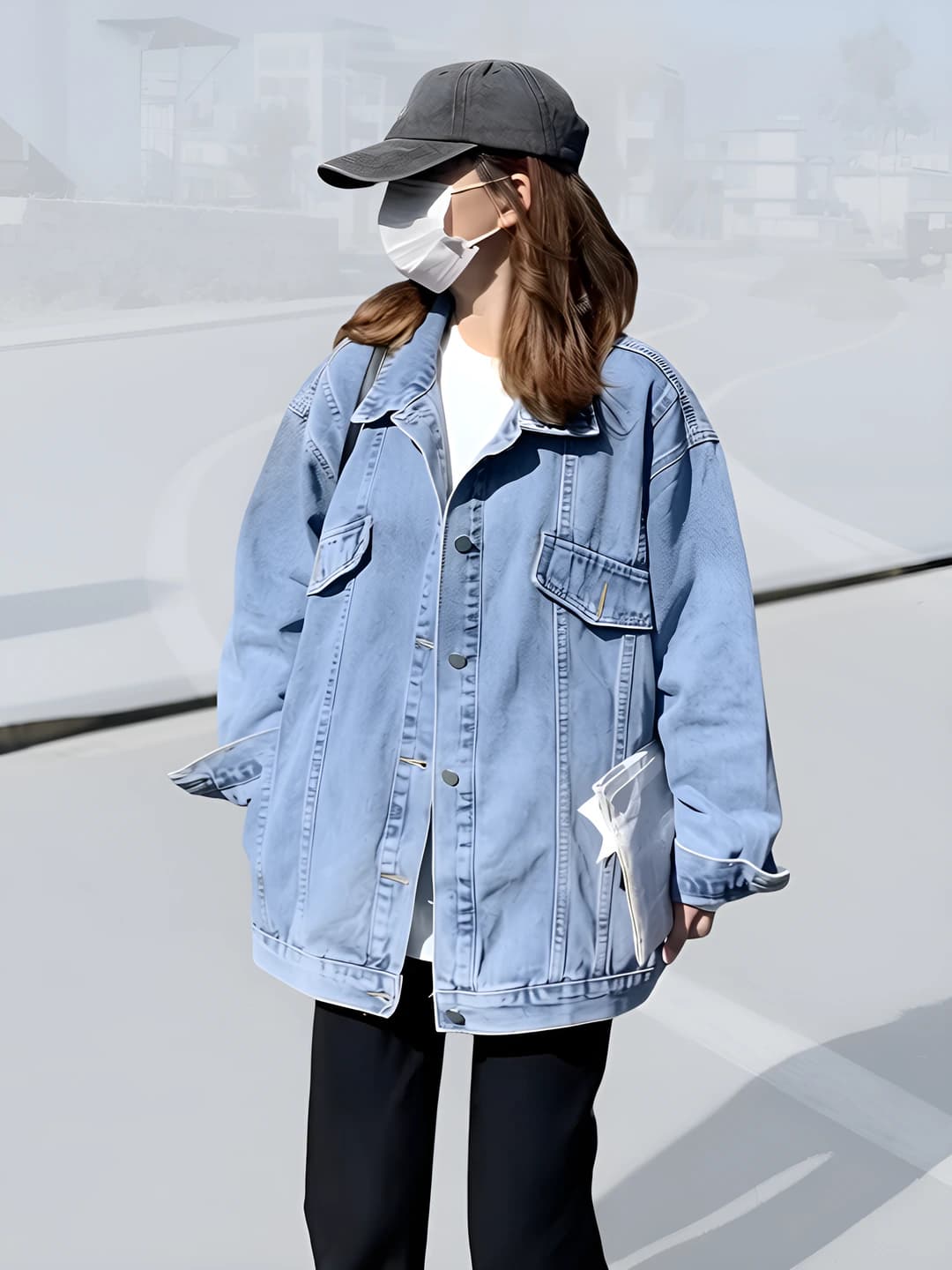 Ayollar uchun 2026 bahor-kuz denim kurtka, koreys uslubida, bo'sh (oversize) kesim, o'rta-uzun, uzun yeng, POLO yoqa, kundalik