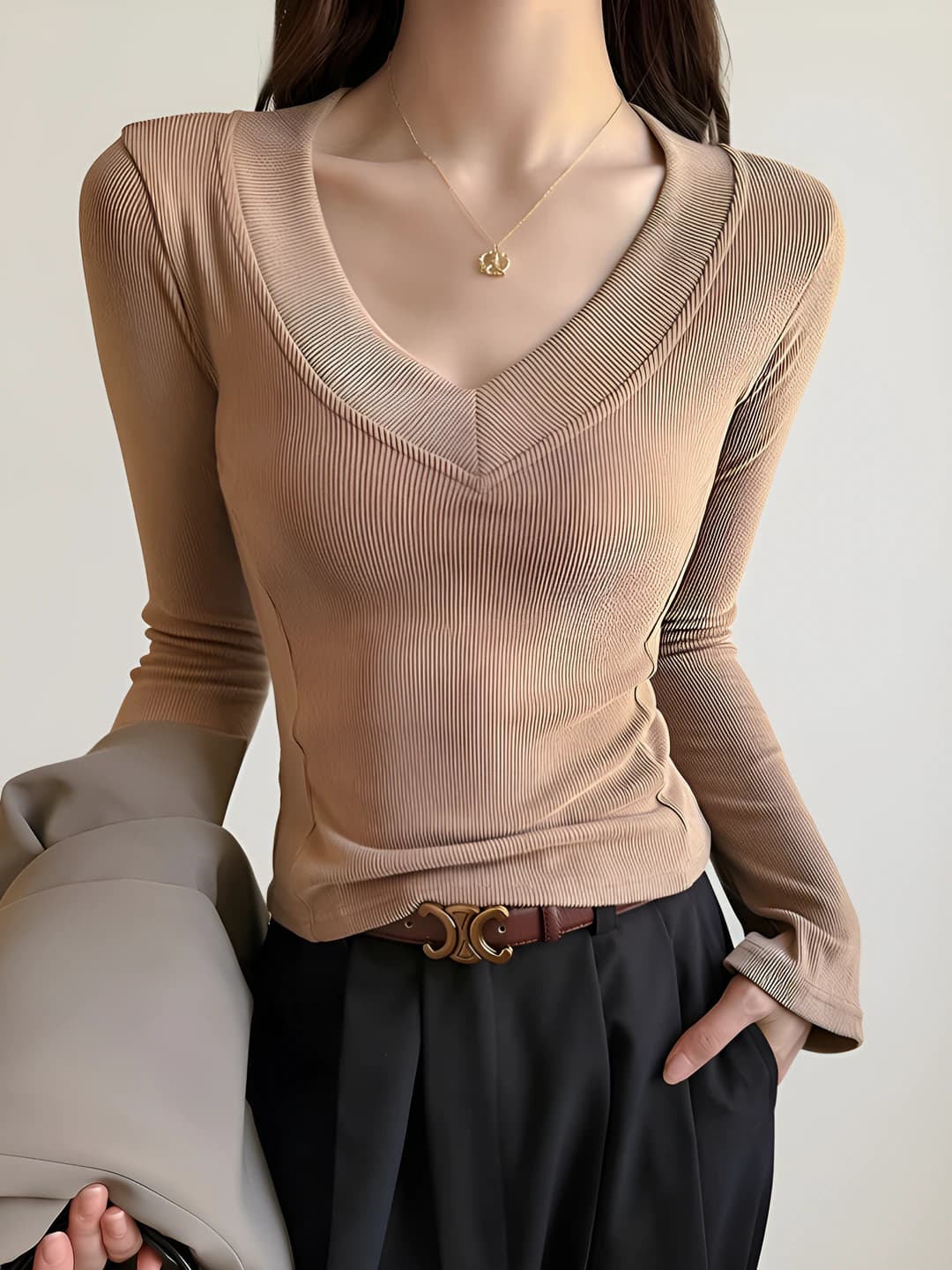 Women's early autumn V-neck slim fit slimming stretch long sleeve long-sleeve base top