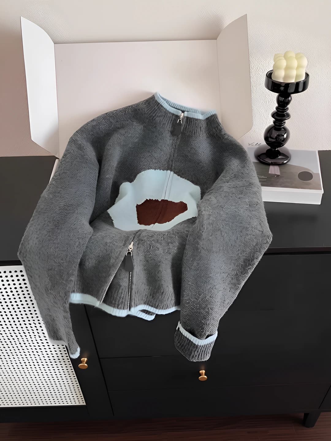 Women's zip-up knit cardigan, autumn-winter, preppy style, loose fit, crew neck, long sleeve, 3D pattern, casual