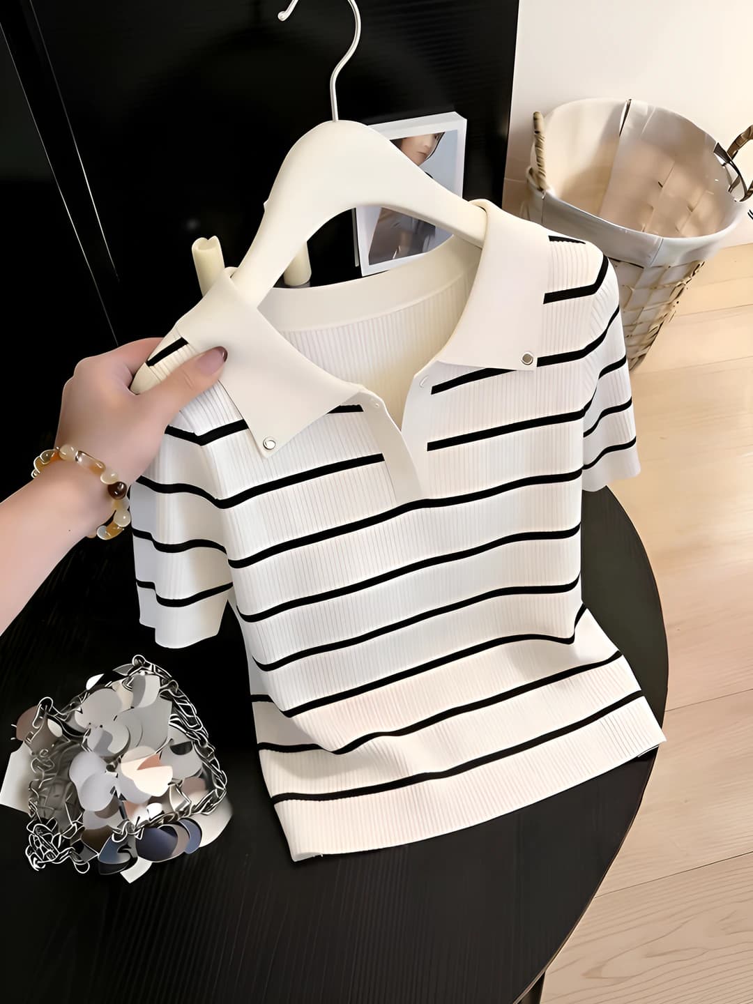 Women's striped polo, ice-silk fabric, summer, slim fit, crew neck, long sleeve