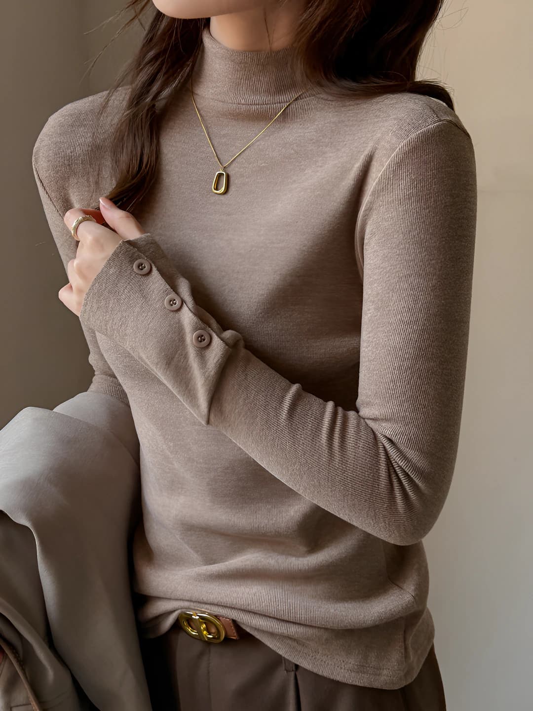 Women's long-sleeve mock-neck longsleeve, autumn-winter, slim fit, solid colour, can be worn outside