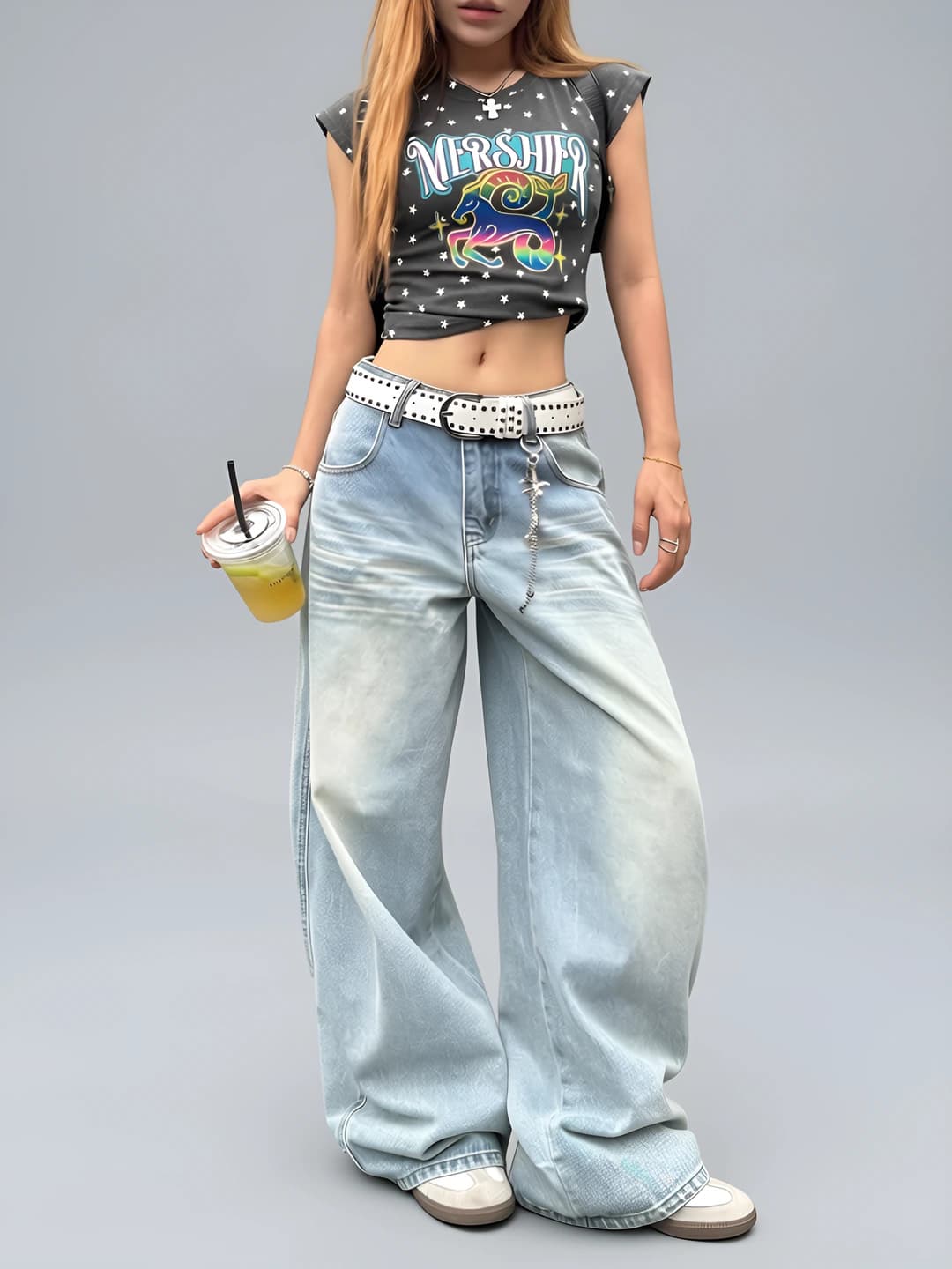 Ayollar uchun to'g'ri kesim keng jinsi shimlar, baland bel, uzun shim, bo'sh (oversize) fit, dizayn elementi: toshlar bilan bezatilgan, uslub: kundalik
