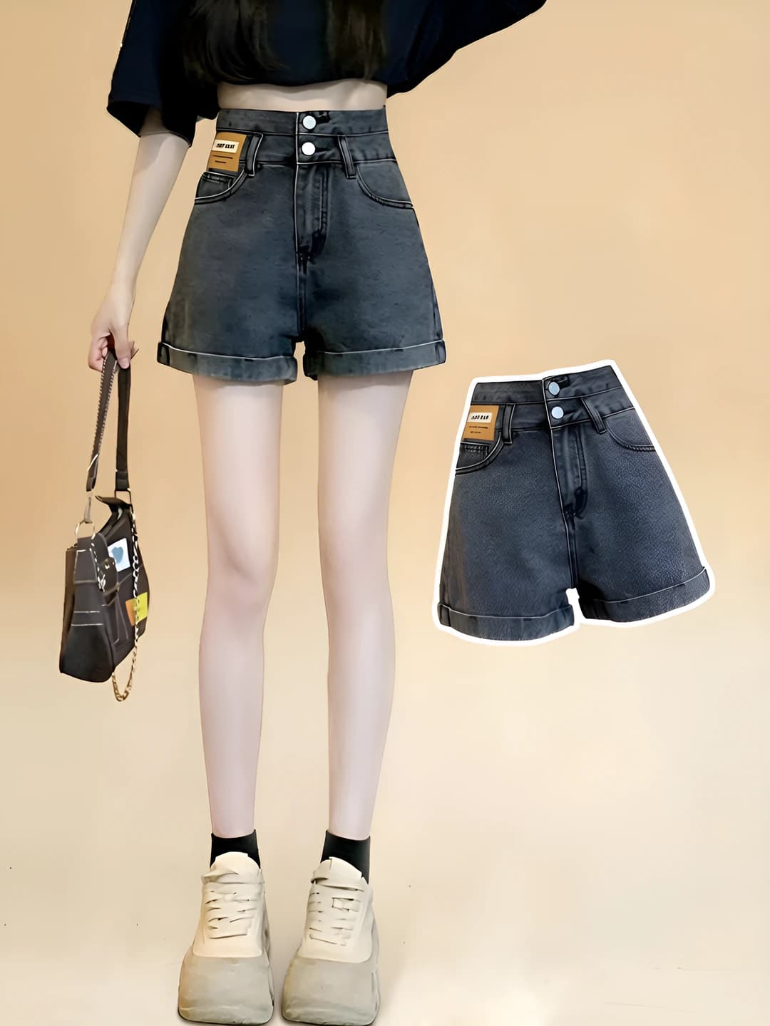Women's denim shorts, high waist, straight cut, plus size, slimming, summer, petite