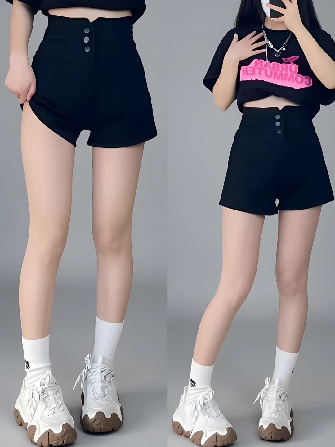 Women's summer thin high-waisted denim shorts, slimming, plus size, for petite, black, A-line