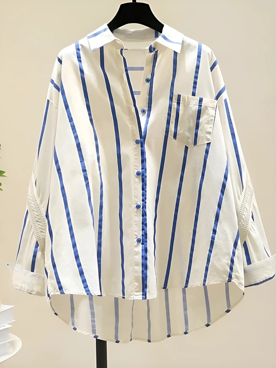 Women's striped, loose fit, A-line, long sleeve, blue blouse, early autumn 2026