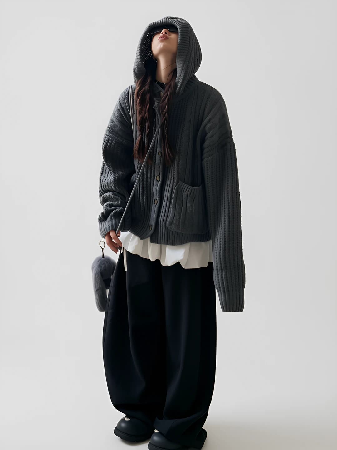 Women's retro cable knit cardigan, autumn-winter, long sleeve, zip, loose fit