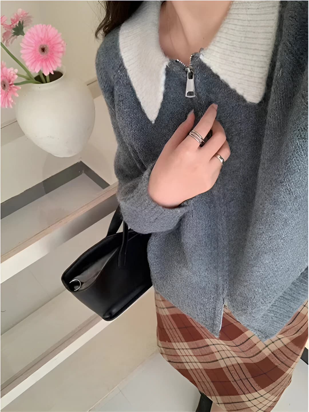 Women's knit cardigan: zip, lapel collar, loose fit, long sleeve, autumn, slimming