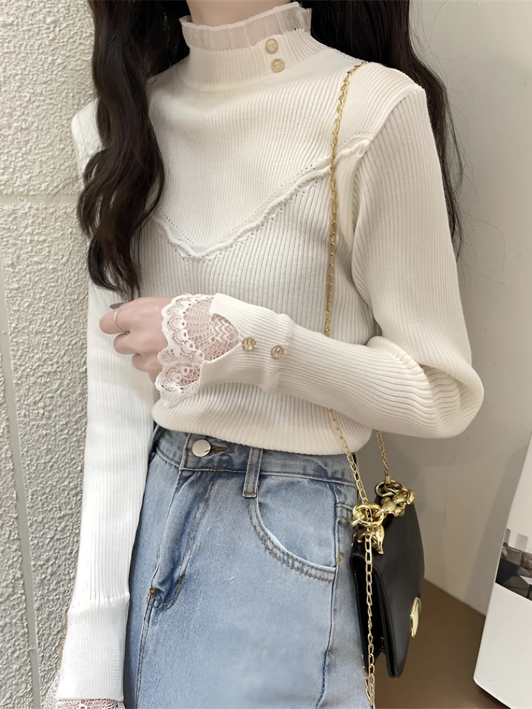 Ayollar uchun dantel qo'shilgan yarim baland yoqali yengsiz A-kirimli knitted pullover top, kuz-qish uchun