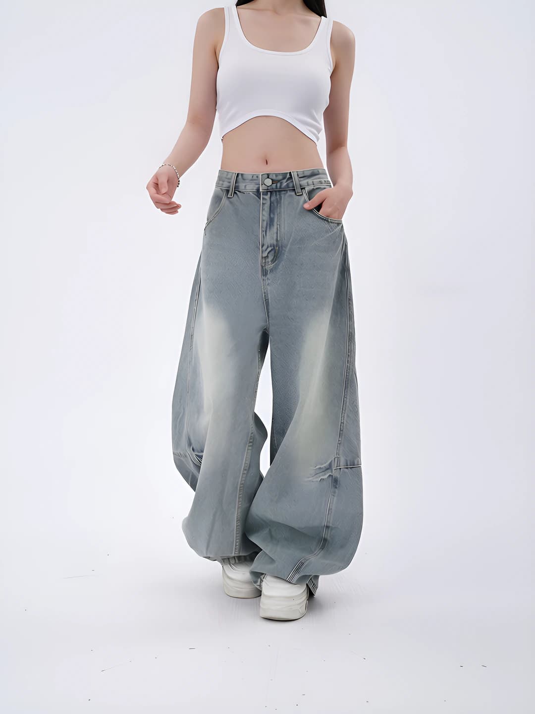 Ayollar uchun keng va klesh jinsi shimlar, to'g'ri kesim, baland bel, bahor-kuz, bo'sh (oversize), nozik ko'rsatadigan, kundalik uslub