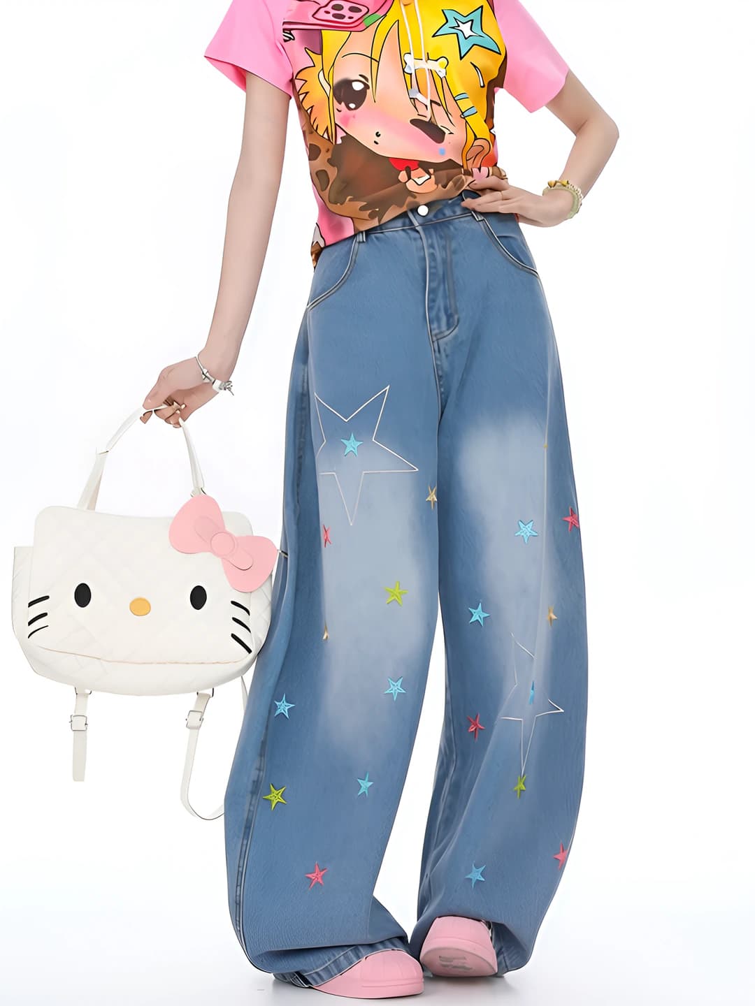 Ayollar uchun keng va klesh jinsi shimlar, bahor-kuz, baland bel, bo'sh (oversize), kashtali, kundalik