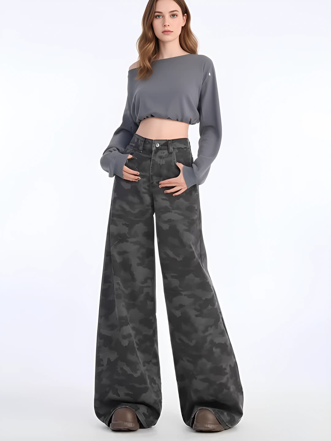 Women's wide and flared jeans, high waist, loose fit, trousers, spring-autumn, casual style