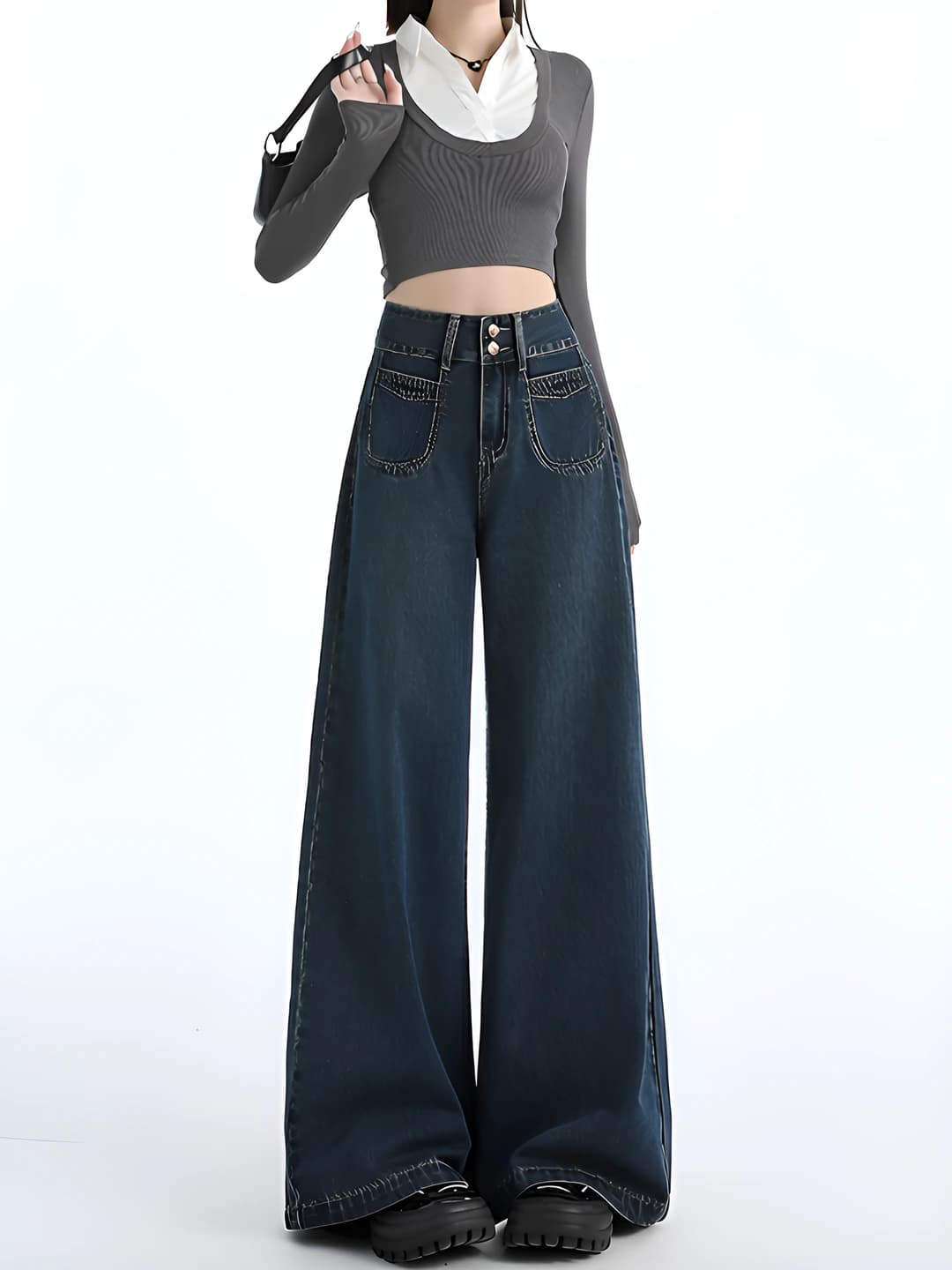 Ayollar uchun kuz-qish retro bo'sh (oversize) baland bel keng jinsi shimlar