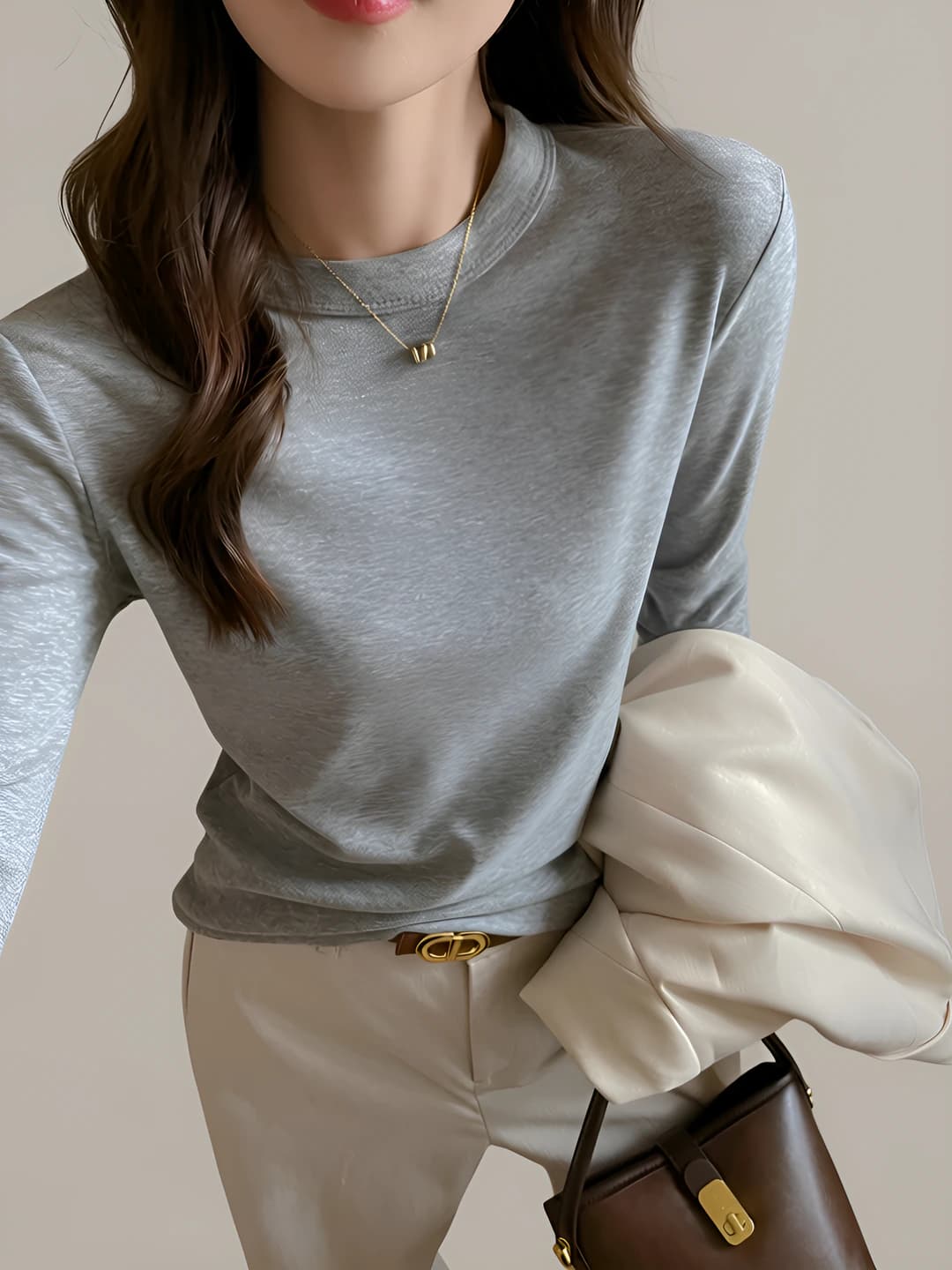 Women's autumn-winter Tencel (Lyocell) long-sleeve base top with crew neck, slim fit