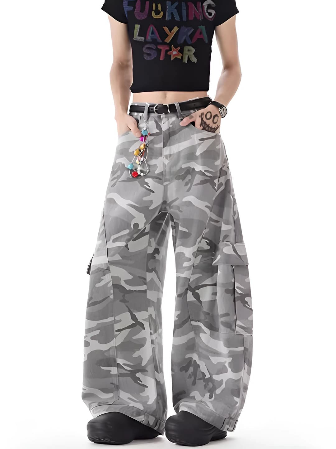 Women's spring-autumn camouflage wide-leg trousers, loose fit jeans, high waist, trousers