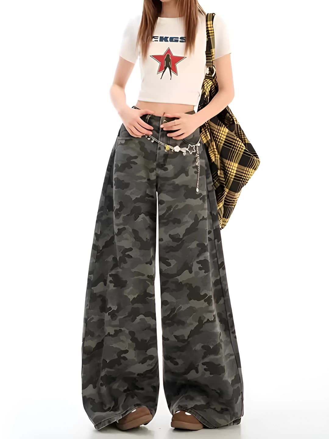 Women's wide and flared jeans: camouflage, high waist, spring-autumn, loose fit, 50%-70% cotton
