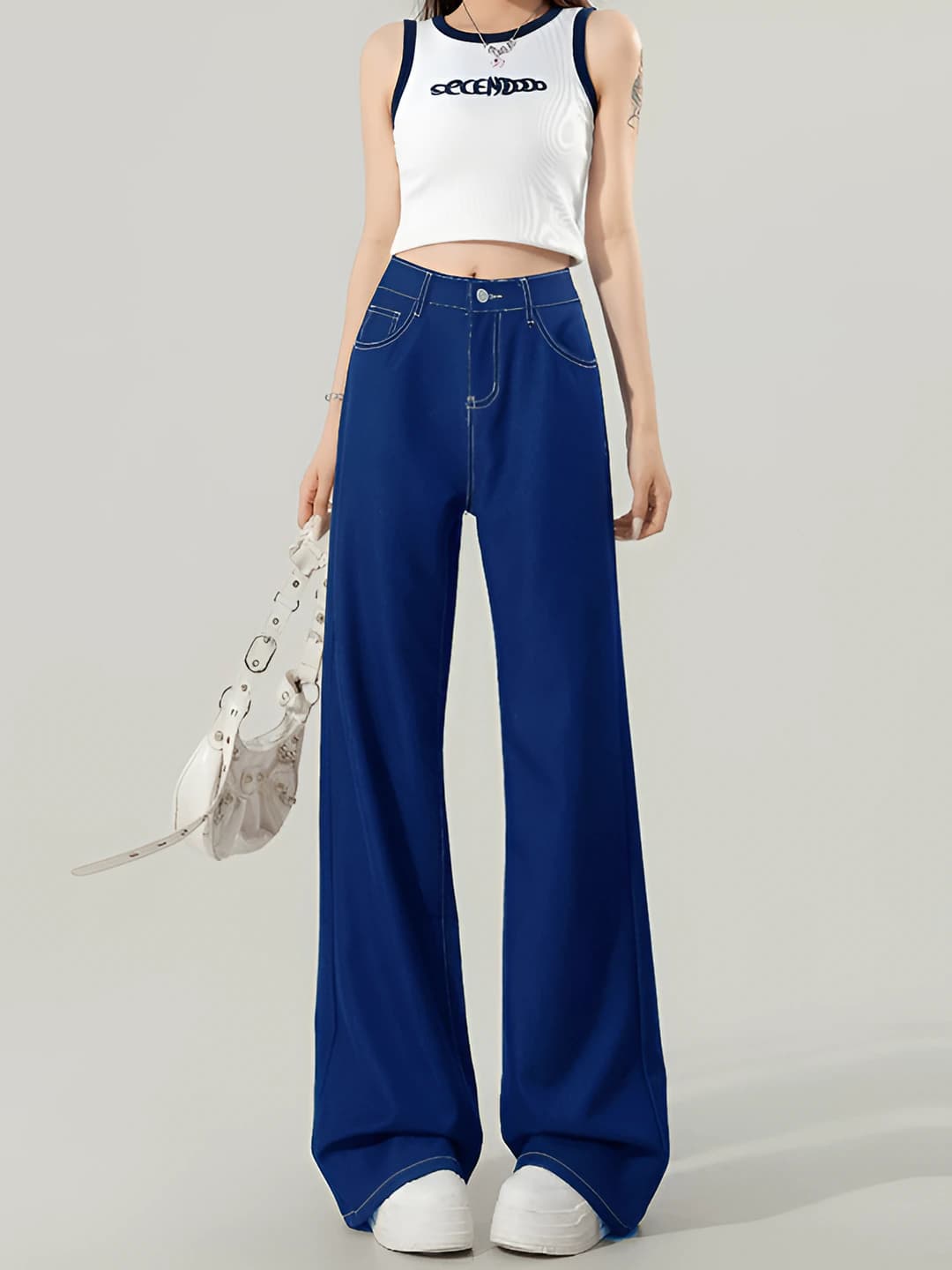 Women's wide and flared jeans, Korean style, casual, spring-autumn, high waist, loose fit, slimming, zip, 50% (inclusive) - 70% (exclusive) cotton