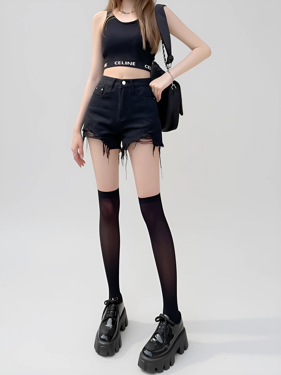Women's distressed denim shorts, high waist, slimming, summer, black, A-line