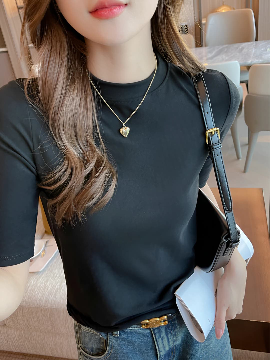 Women's spring-autumn t-shirt with stand collar and crew neck, elbow-length sleeve, slim fit, 90% modal, casual