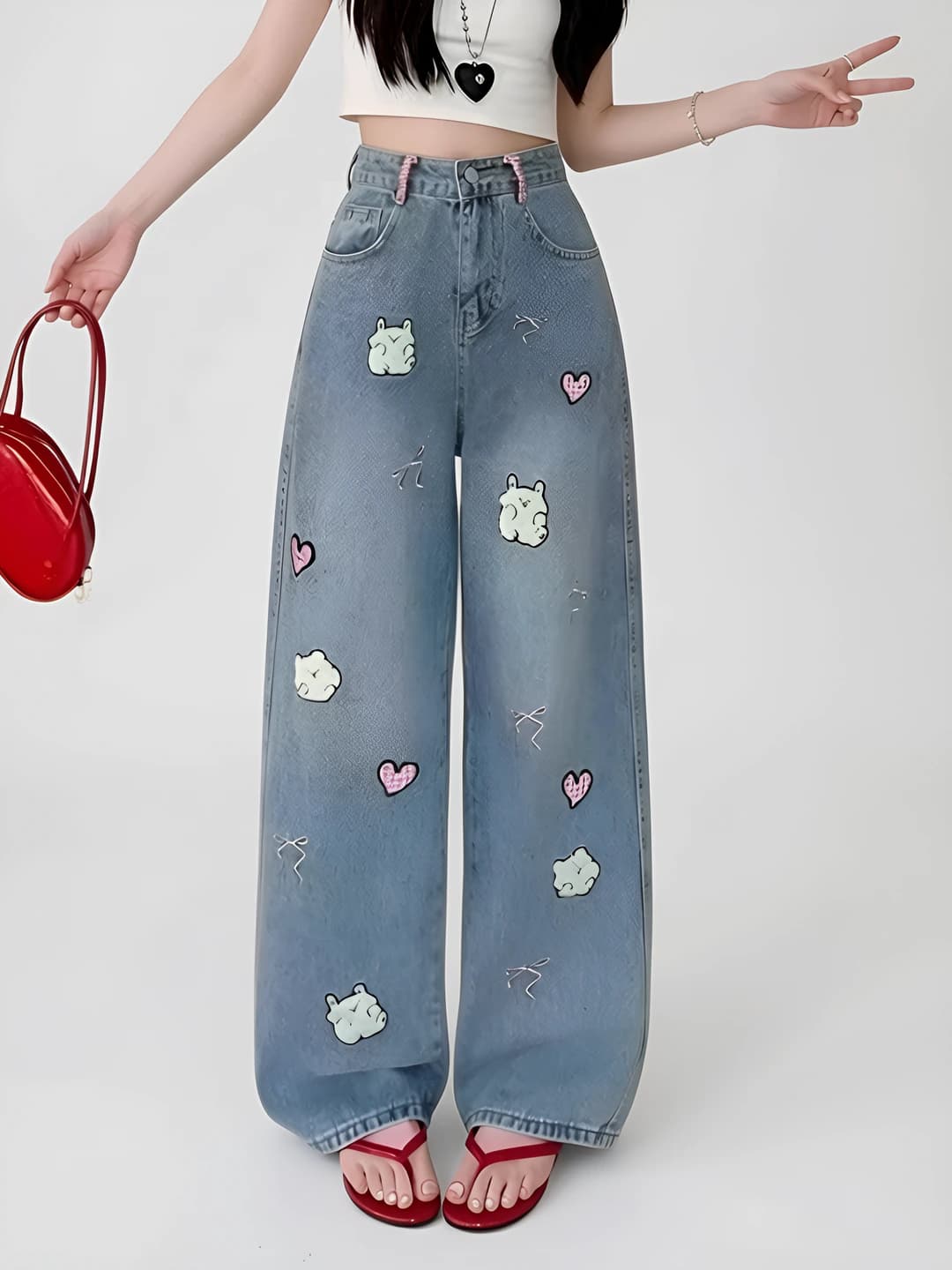 Ayollar uchun keng va klesh jinsi shimlar, retro, bahor, bo'sh (oversize), to'g'ri kesim, kundalik, baland bel, kashtali