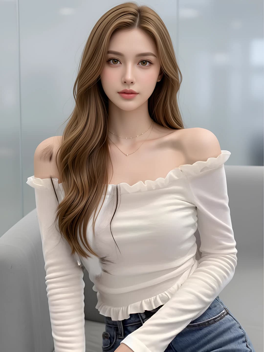 Women's off-shoulder long-sleeve top, slim fit, solid colour, cropped